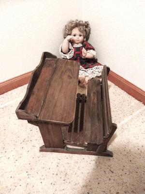 WOODEN DOLL SCHOOL DESK AND DOLL