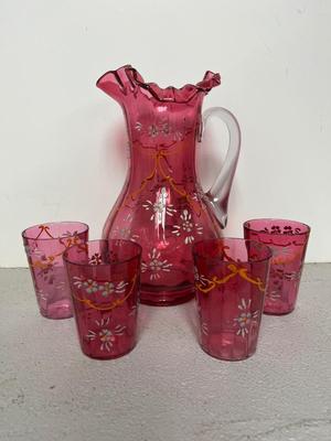 Victorian Enamel Cranberry Pitcher Set