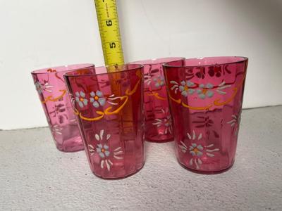 Victorian Enamel Cranberry Pitcher Set