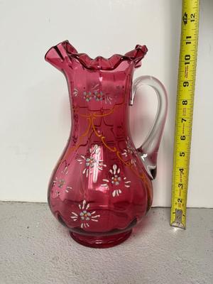 Victorian Enamel Cranberry Pitcher Set