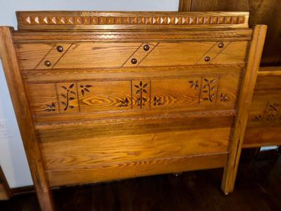 Lot 23zzz: Antique Arts&Crafts carved headboard & footboard