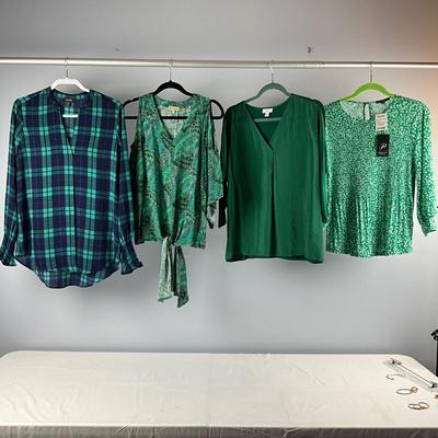MB8266 Lot of Four Ladies Green Tops, Democracy, J.Jill, Adriana Papell