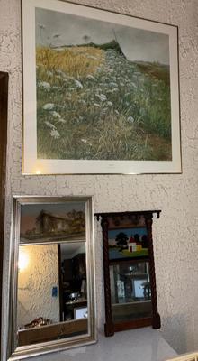Lot Den920: 3 art pieces: Museum Print, Reverse glass painting mirror +