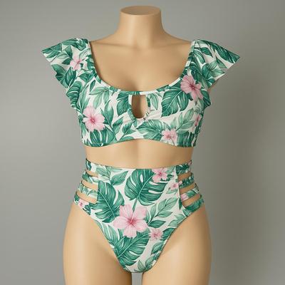 MB8315 Ladies Two Piece Bathing Suit by Blue with Floral Wrap