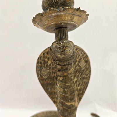 LOT 3: 18th, 19th Century Powder Horn , Brass Cobra Candle Holder, Polished Slab of Petrified Wood, and Vintage Leather Bull Whip