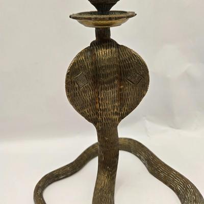 LOT 3: 18th, 19th Century Powder Horn , Brass Cobra Candle Holder, Polished Slab of Petrified Wood, and Vintage Leather Bull Whip