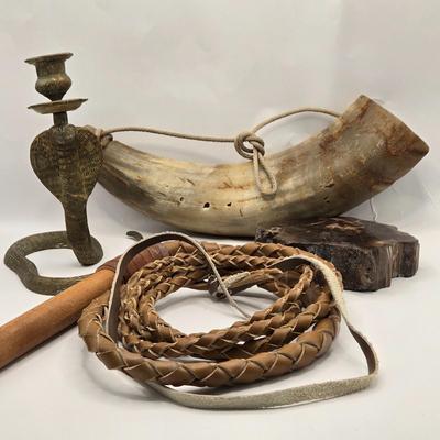 LOT 3: 18th, 19th Century Powder Horn , Brass Cobra Candle Holder, Polished Slab of Petrified Wood, and Vintage Leather Bull Whip