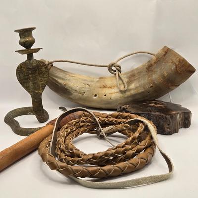 LOT 3: 18th, 19th Century Powder Horn , Brass Cobra Candle Holder, Polished Slab of Petrified Wood, and Vintage Leather Bull Whip