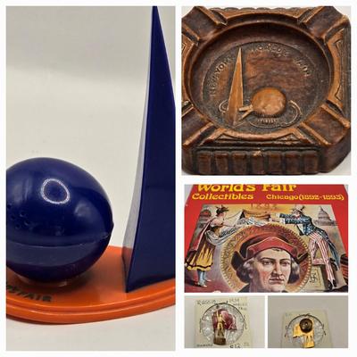 LOT 4: Columbian World's Fair Collectibles Book, 1939 World's Fair Salt/Pepper Shakers, 1939 World's fair Ashtray, and Pin...