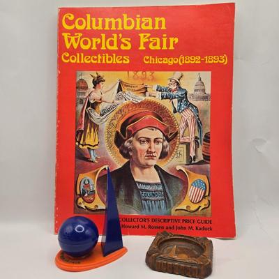 LOT 4: Columbian World's Fair Collectibles Book, 1939 World's Fair Salt/Pepper Shakers, 1939 World's fair Ashtray, and Pin...