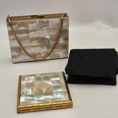 LOT 11: Vintage 1950s Mother of Pearl Vanity Evening Purse with Built in Lipstick Compact and "Tortoise Shell" Comb &...