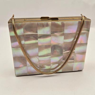 LOT 11: Vintage 1950s Mother of Pearl Vanity Evening Purse with Built in Lipstick Compact and "Tortoise Shell" Comb &...