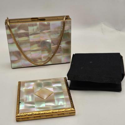 LOT 11: Vintage 1950s Mother of Pearl Vanity Evening Purse with Built in Lipstick Compact and "Tortoise Shell" Comb &...