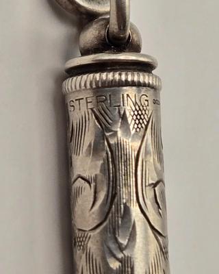 LOT 12: Antique Sterling Silver Chatelaine with Pen, Note Pad, Coin Holder, and Toothpick Holder (70 GTW)