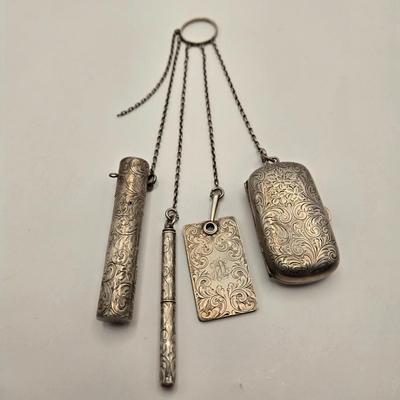 LOT 12: Antique Sterling Silver Chatelaine with Pen, Note Pad, Coin Holder, and Toothpick Holder (70 GTW)