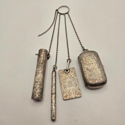 LOT 12: Antique Sterling Silver Chatelaine with Pen, Note Pad, Coin Holder, and Toothpick Holder (70 GTW)