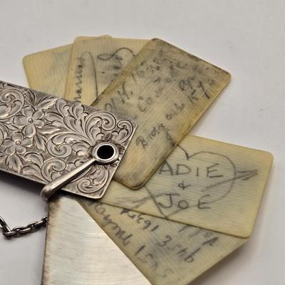LOT 12: Antique Sterling Silver Chatelaine with Pen, Note Pad, Coin Holder, and Toothpick Holder (70 GTW)