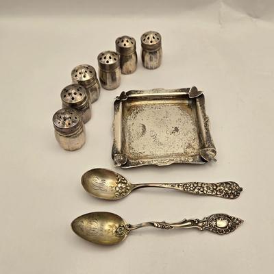 LOT 15: Vintage Sterling Silver Anston 1210 Bridge Ashtray (33.6 Grams), Collectible Spoons (21 Grams), and Six Salt/Pepper shakers (22.4...