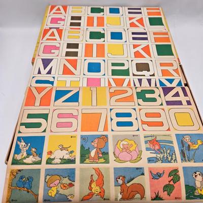 LOT 18: Vintage New Enterprises Walt Disney Wooden Character Blox with Paper Picture and Letter Decals to Self Apply and Ideal Book...