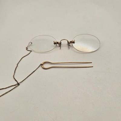 LOT 22: Antique and Vintage Eyeglasses, Pince-Nez Spectacles, and Women's Pince- Nez with Hairpin Connected with Chain