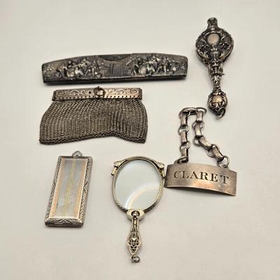 LOT 25: Antique Art Nouveau Silver Toned Lorgnette, Silver Tone Folding Spectacles, Silver Toned Mesh Change Purse, Denmark Silver Plated...