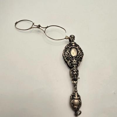 LOT 25: Antique Art Nouveau Silver Toned Lorgnette, Silver Tone Folding Spectacles, Silver Toned Mesh Change Purse, Denmark Silver Plated...