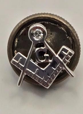 LOT 27: Vintage Cast Iron Shriner Fez Paperweight, Commemorative Free Mason Trowel, Lapel Pin, Keychain, and Small Box of Various Pins...