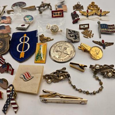 LOT 27: Vintage Cast Iron Shriner Fez Paperweight, Commemorative Free Mason Trowel, Lapel Pin, Keychain, and Small Box of Various Pins...