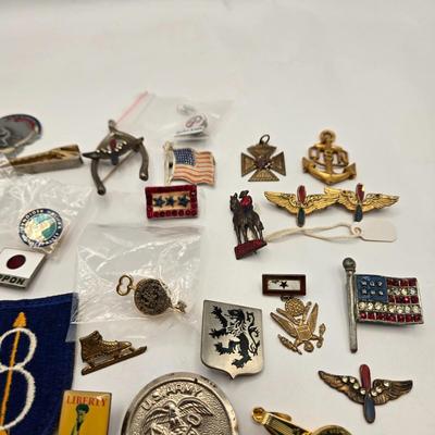 LOT 27: Vintage Cast Iron Shriner Fez Paperweight, Commemorative Free Mason Trowel, Lapel Pin, Keychain, and Small Box of Various Pins...