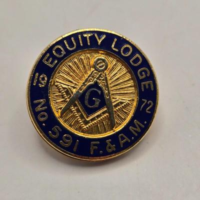 LOT 27: Vintage Cast Iron Shriner Fez Paperweight, Commemorative Free Mason Trowel, Lapel Pin, Keychain, and Small Box of Various Pins...