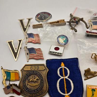 LOT 27: Vintage Cast Iron Shriner Fez Paperweight, Commemorative Free Mason Trowel, Lapel Pin, Keychain, and Small Box of Various Pins...