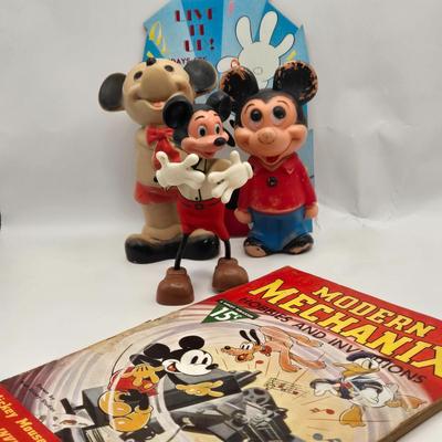 LOT 29: January 1937 Modern Mechanix Magazine, Vintage 1950s,60s Rubber Mickey Mouse Squeak Toy, Celluloid Mickey Mouse Doll, Marx Toys...