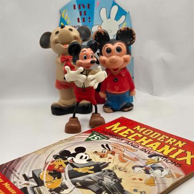 LOT 29: January 1937 Modern Mechanix Magazine, Vintage 1950s,60s Rubber Mickey Mouse Squeak Toy, Celluloid Mickey Mouse Doll, Marx Toys...