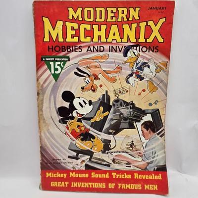 LOT 29: January 1937 Modern Mechanix Magazine, Vintage 1950s,60s Rubber Mickey Mouse Squeak Toy, Celluloid Mickey Mouse Doll, Marx Toys...