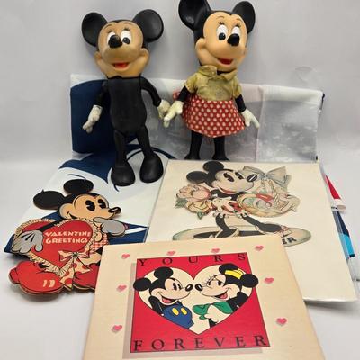 LOT 31: Everyone's Favorite Sweethearts! Vintage Material Panel, Vintage Minnie & Mickey Dolls, Easter & Valentine Cards,...