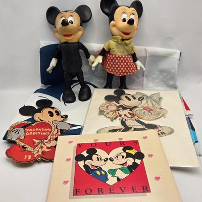 LOT 31: Everyone's Favorite Sweethearts! Vintage Material Panel, Vintage Minnie & Mickey Dolls, Easter & Valentine Cards,...