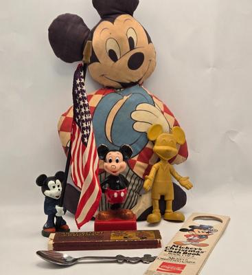 LOT 32: Vintage Stuffed Mickey Mouse Doll, Pencil Sharpener, Bendable Mickey Mouse, Mickey Holding American Flag, 1983 Coca-Cola...