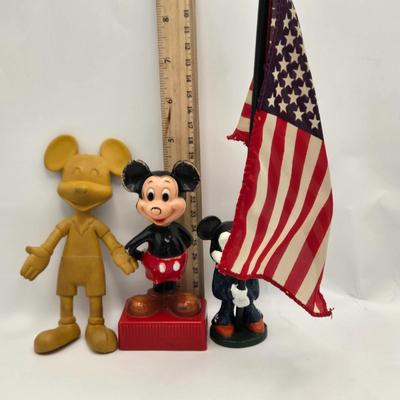 LOT 32: Vintage Stuffed Mickey Mouse Doll, Pencil Sharpener, Bendable Mickey Mouse, Mickey Holding American Flag, 1983 Coca-Cola...