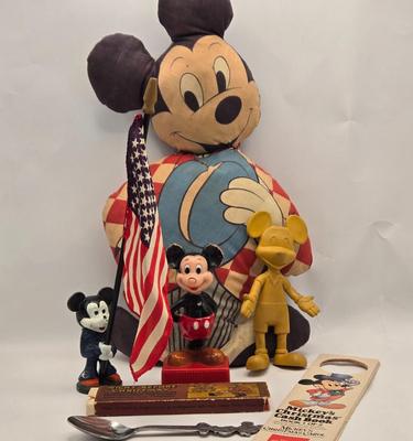 LOT 32: Vintage Stuffed Mickey Mouse Doll, Pencil Sharpener, Bendable Mickey Mouse, Mickey Holding American Flag, 1983 Coca-Cola...