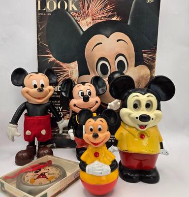 LOT 33: The Mouse, the Myth, the Legend: April 6, 1971 Look Magazine, Vintage Plastic Mickey Mouse Toy and Bank, Illco Wind-up Mickey...