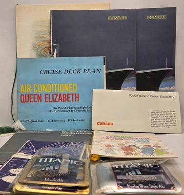 LOT 35: Italian Line, Cunard Queen Elizabeth and Queen Elizabeth II Menus, Deck Plan Maps, Passenger Lists, and Titanic Ale Labels