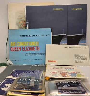 LOT 35: Italian Line, Cunard Queen Elizabeth and Queen Elizabeth II Menus, Deck Plan Maps, Passenger Lists, and Titanic Ale Labels