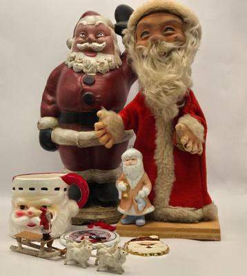 LOT 36: Vintage Cast Iron Santa Door Stop, Steiff Santa Hand Puppet, Putz Germany Santa Sleigh, Ceramic Santa & JC Penny Ornaments,...
