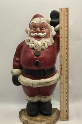 LOT 36: Vintage Cast Iron Santa Door Stop, Steiff Santa Hand Puppet, Putz Germany Santa Sleigh, Ceramic Santa & JC Penny Ornaments,...