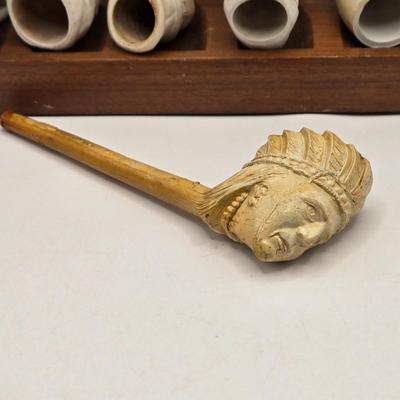 LOT 38: Vintage Pipe Rack with Multiple White Clay Pipes