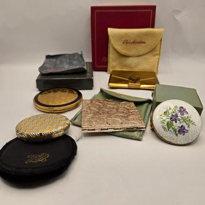 LOT 39: Vintage Stratton of London Compact, 2 Elgin American Compacts, Estee Lauder Compact, and Lipstick Compact