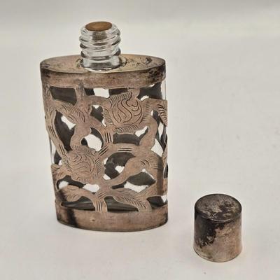LOT 40: Antique Nuit de Noel Perfume Bottle in Box, Vintage Folding Comb, Elgin American Lipstick Compact, 2 Perfume Flasks, Pill Box,...