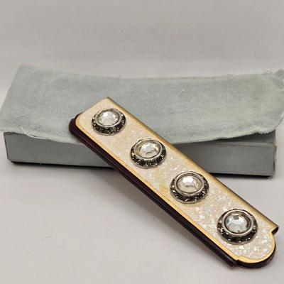LOT 40: Antique Nuit de Noel Perfume Bottle in Box, Vintage Folding Comb, Elgin American Lipstick Compact, 2 Perfume Flasks, Pill Box,...