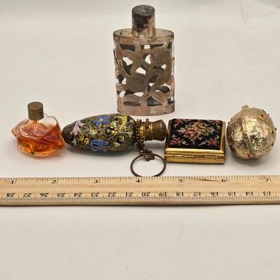 LOT 40: Antique Nuit de Noel Perfume Bottle in Box, Vintage Folding Comb, Elgin American Lipstick Compact, 2 Perfume Flasks, Pill Box,...