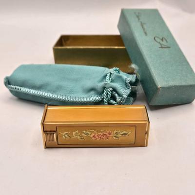 LOT 40: Antique Nuit de Noel Perfume Bottle in Box, Vintage Folding Comb, Elgin American Lipstick Compact, 2 Perfume Flasks, Pill Box,...